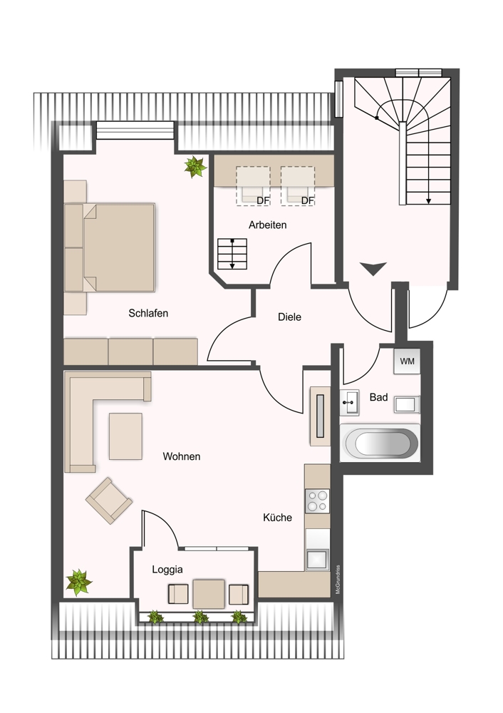 Ruhige Stadtwohnung mit zusätzlicher Nutzfläche von 25 m² im Dachgeschoss - Grundriss