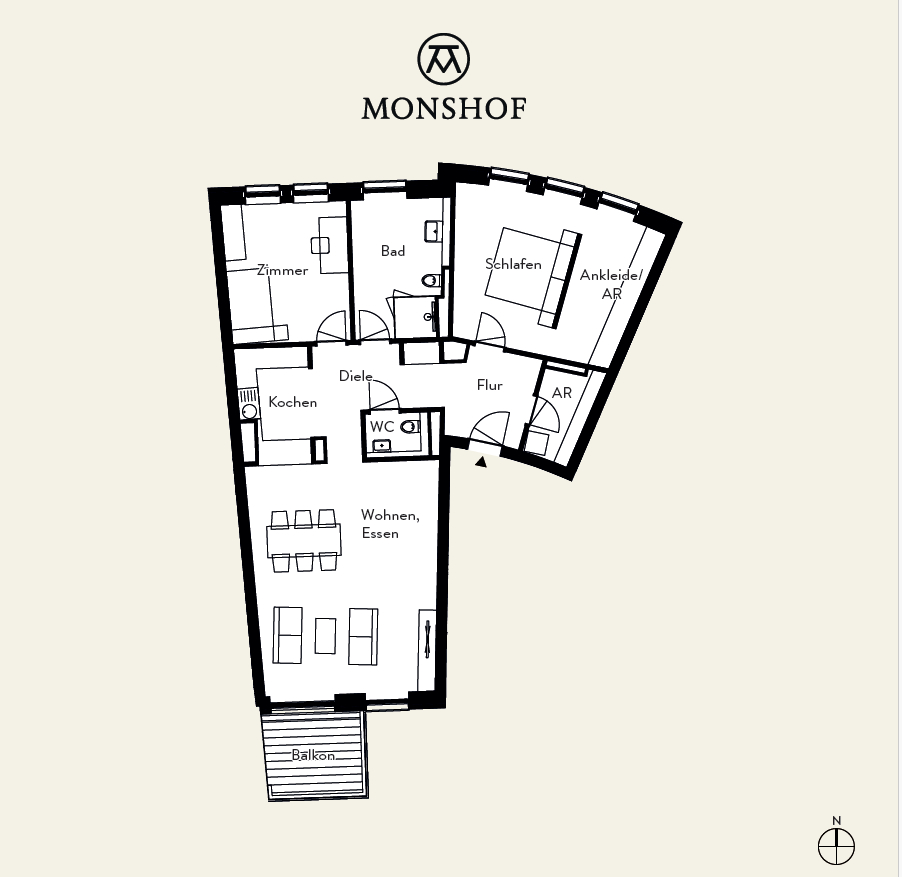 Großzügige, zentrale 3-Zimmer-Wohnung mit Balkon - Monshof Grundriss whg. 35
